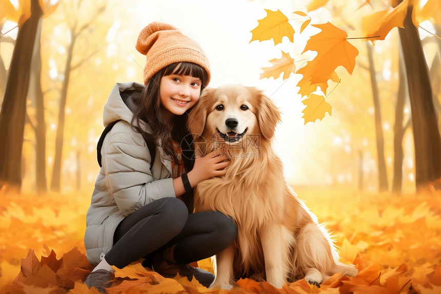 秋季树林中的小女孩和小狗图片