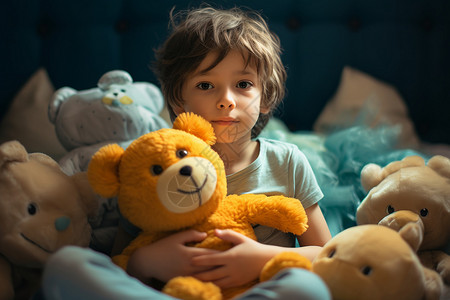 抱玩具熊的男孩床上抱着玩具熊的小男孩背景
