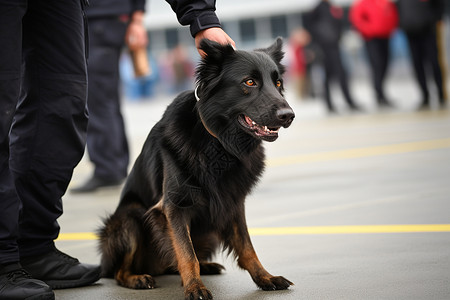 牵着警犬的警察街道上的警犬防卫训练背景