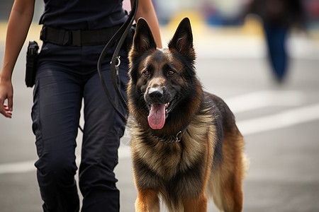 牵着警犬的警察街道上威武的警犬背景