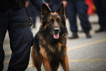 警察和警犬街道上经过训练的警犬背景