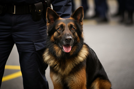 牵着警犬的警察街道上巡逻的警犬背景
