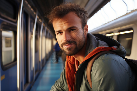 火车站旁的男子背景图片