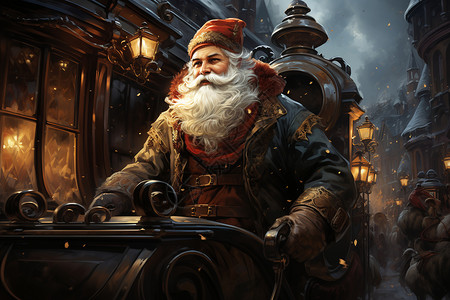 夜晚驾驶夜幕中列车上的圣诞老人插画