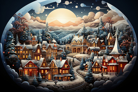 冬天雪中村庄奇妙的雪中村庄雪花球插画