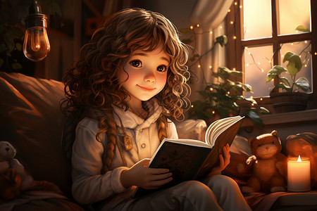 室内阅读图书的小女孩背景图片