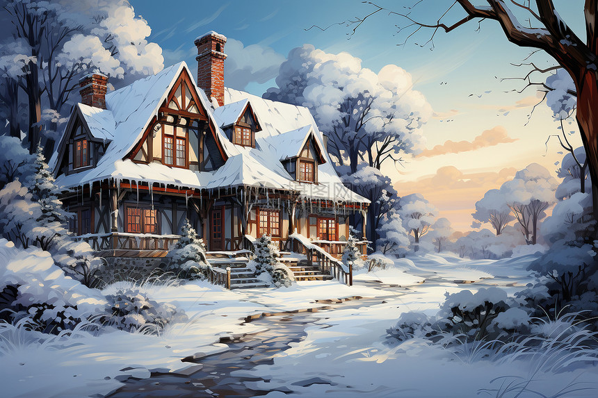 冬季宁静的林中小屋图片