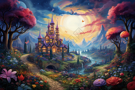 仙境中的童话城堡背景图片