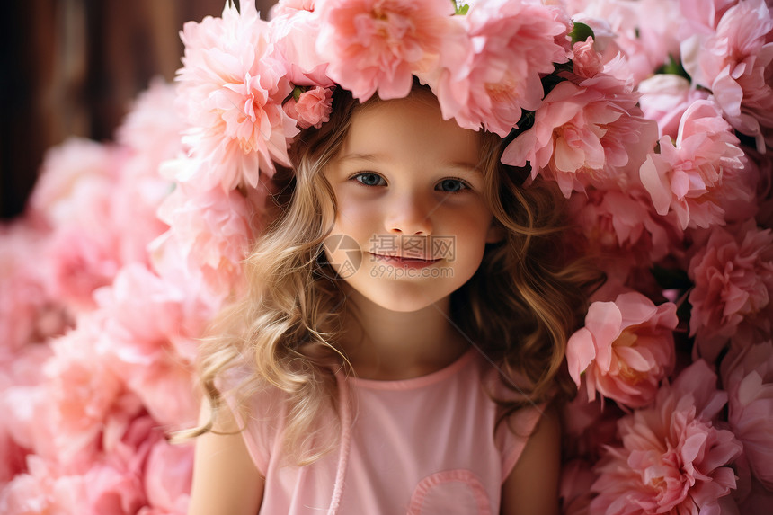 粉色花朵装饰的可爱小女孩图片