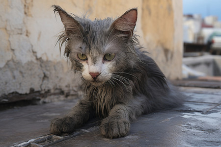 可怜小猫表情包街道上沾满污渍的小猫背景
