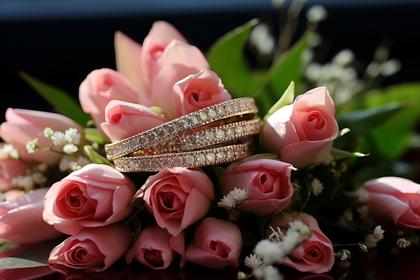 浪漫的花束和结婚戒指图片