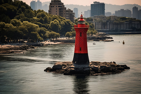 海洋中红色的灯塔背景图片