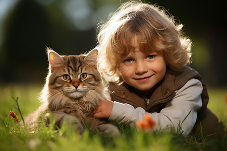 猫咪盯着你男孩抱着猫咪在草地上背景