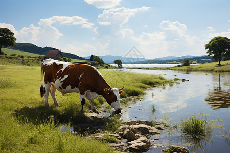 河边草地上的奶牛背景图片
