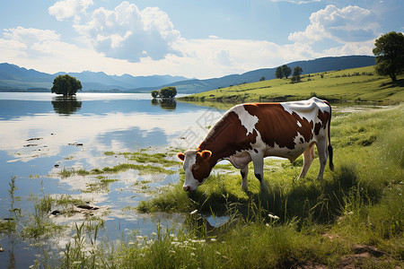 河边吃草的奶牛背景图片