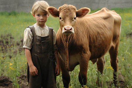 牛犊牧场的女孩和小牛背景