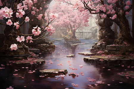 河岸边的花树背景图片