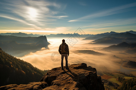 探险运动男子站在山顶眺望背景