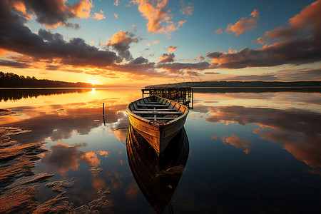 夕阳映照湖边停泊的小船高清图片