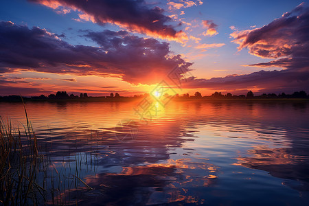 湖畔夕阳背景图片
