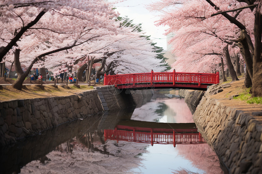 樱花红桥上的人群图片