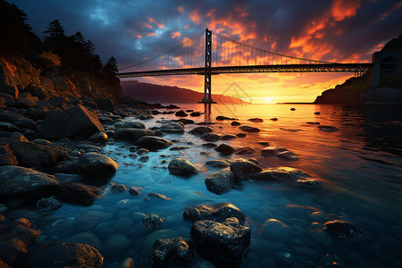 黄昏时水域上的桥梁背景图片