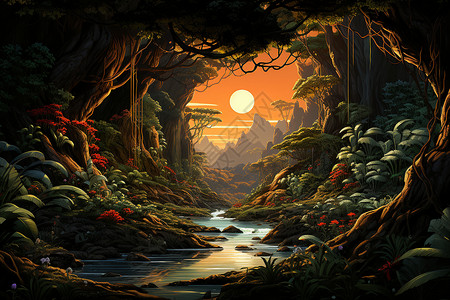 森林中的河流背景图片