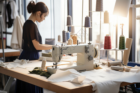 缝纫机前认真工作的女人高清图片