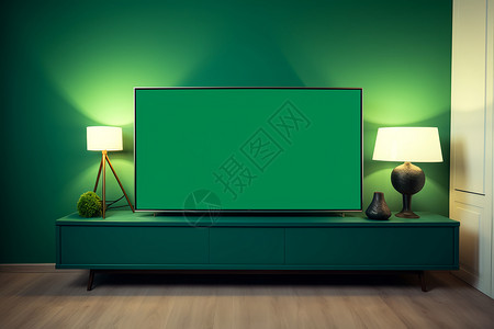 绿色电视柜上的台灯背景图片