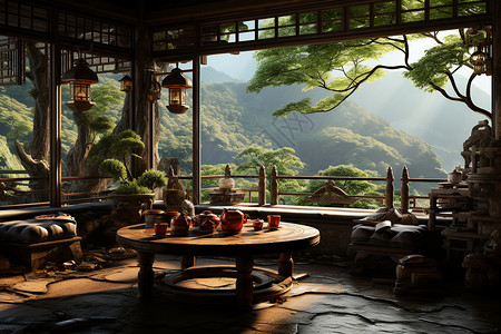 山谷中的茶馆背景图片