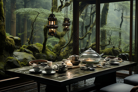 幽静雅致的林间茶室背景图片