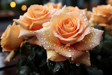 雨中花园雨中绽放的香槟玫瑰背景