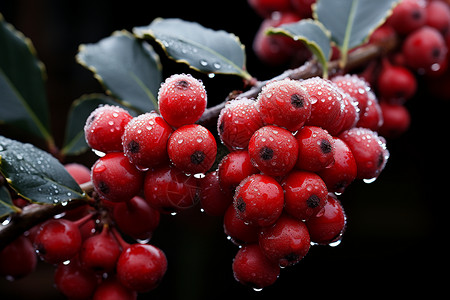 冬季红色浆果与绿叶背景图片