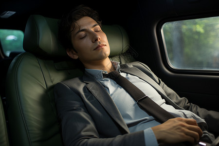 年轻商人在车里睡觉背景图片