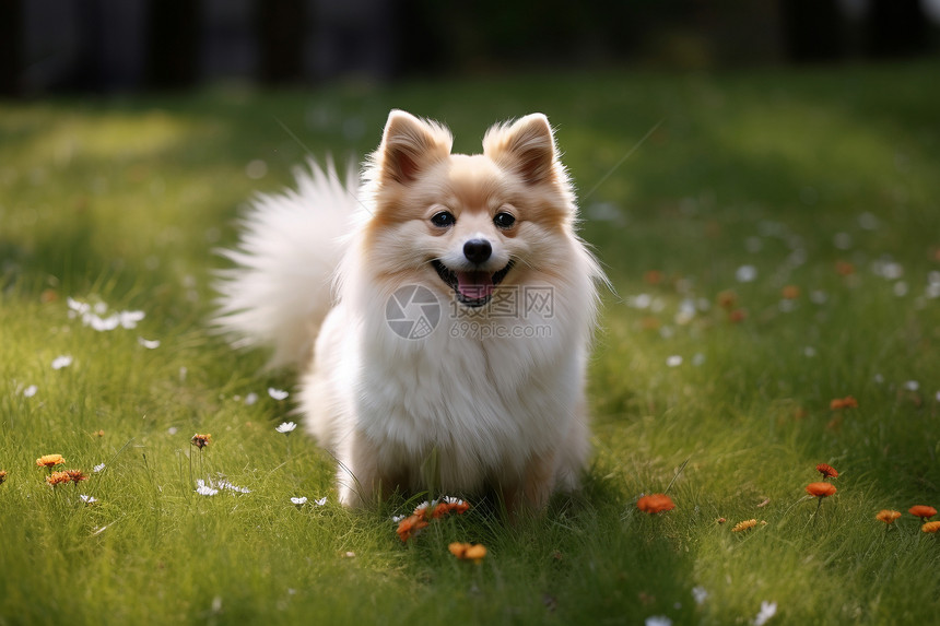 户外草地上的博美犬图片