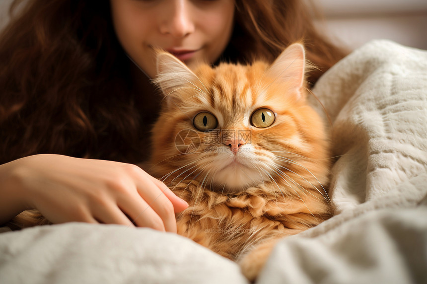 陪伴女孩的宠物猫咪图片