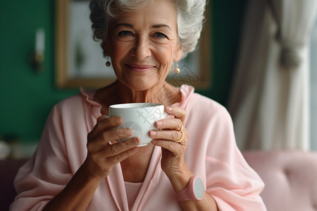 品尝咖啡的老年女子背景图片