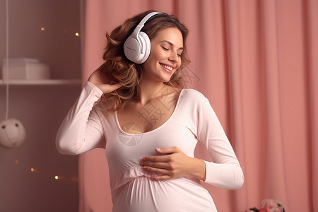 孕妇心情欢乐听音乐的年轻孕妇背景