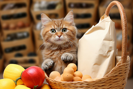 猫咪在水果堆里背景图片