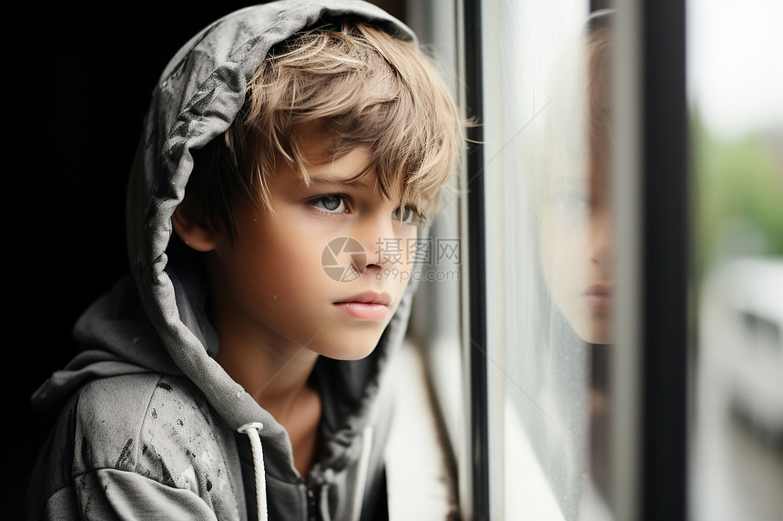 孤独的小男孩靠在窗前图片