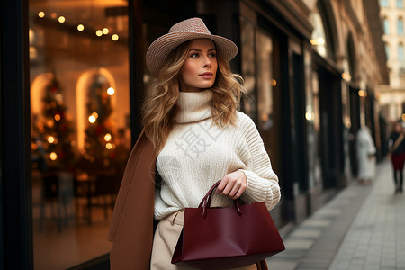 女子上街购物冬季街头的时尚女子背景