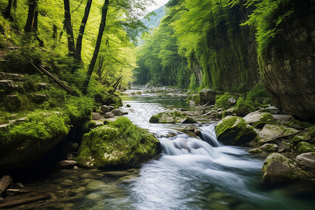 青山绿水瀑布涌流背景图片