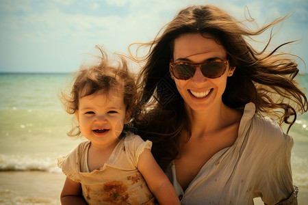 沙滩上的妈妈和女儿背景图片