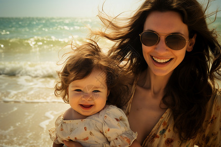 妈妈和女儿在海边嬉戏背景图片