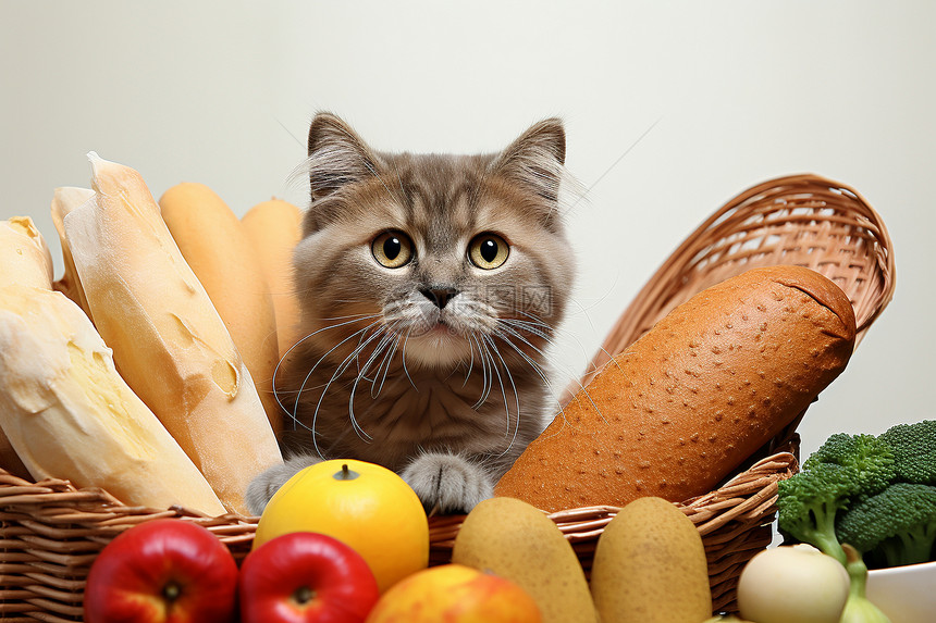 食物中间的猫咪图片