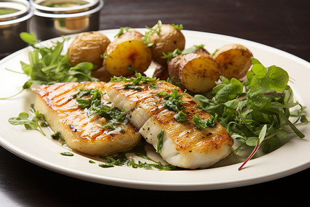 健康美食的烤鳕鱼和时蔬背景图片