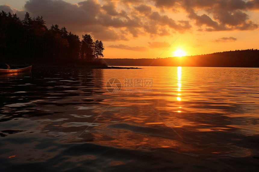 夕阳时水域上的木船图片