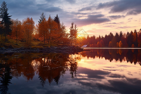 日落时的湖畔和树木背景图片