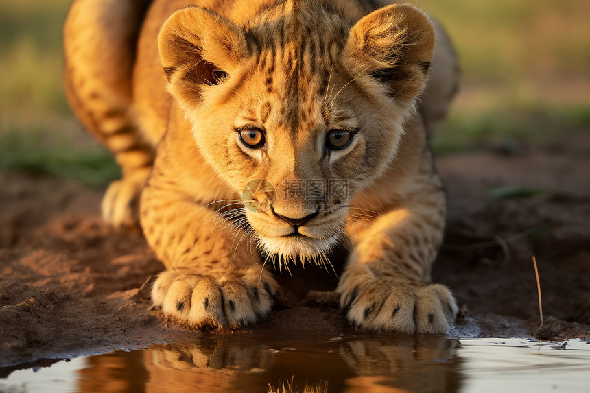 趴在水洼旁的狮子幼崽图片