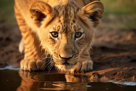 草原上小狮子喝水背景图片